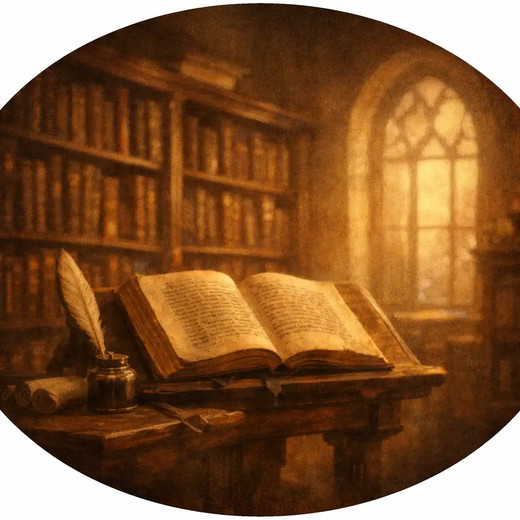 Bibliothèque Renaissance avec livres anciens et lumière dorée