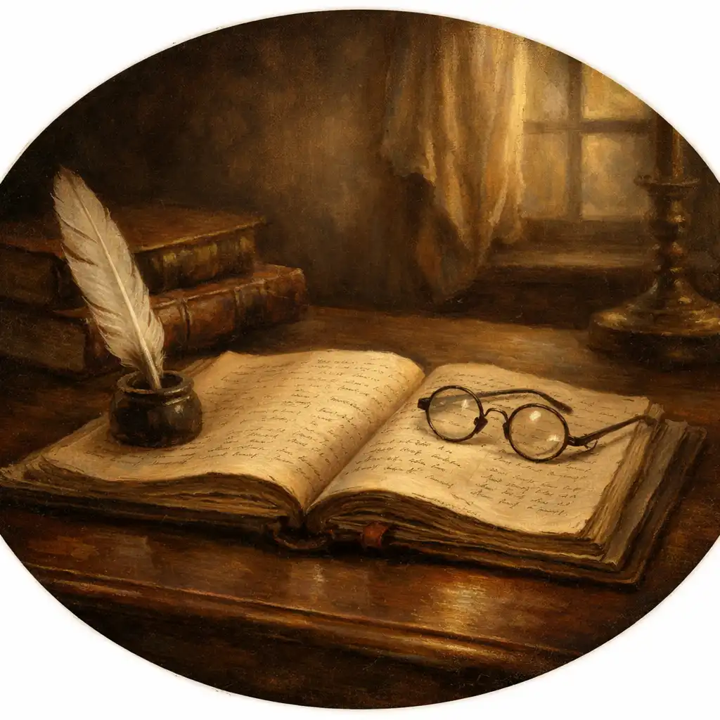 Illustration d'un bureau d'étude avec un registre ouvert, une plume et des lunettes, évoquant la réflexion sur les paris sportifs